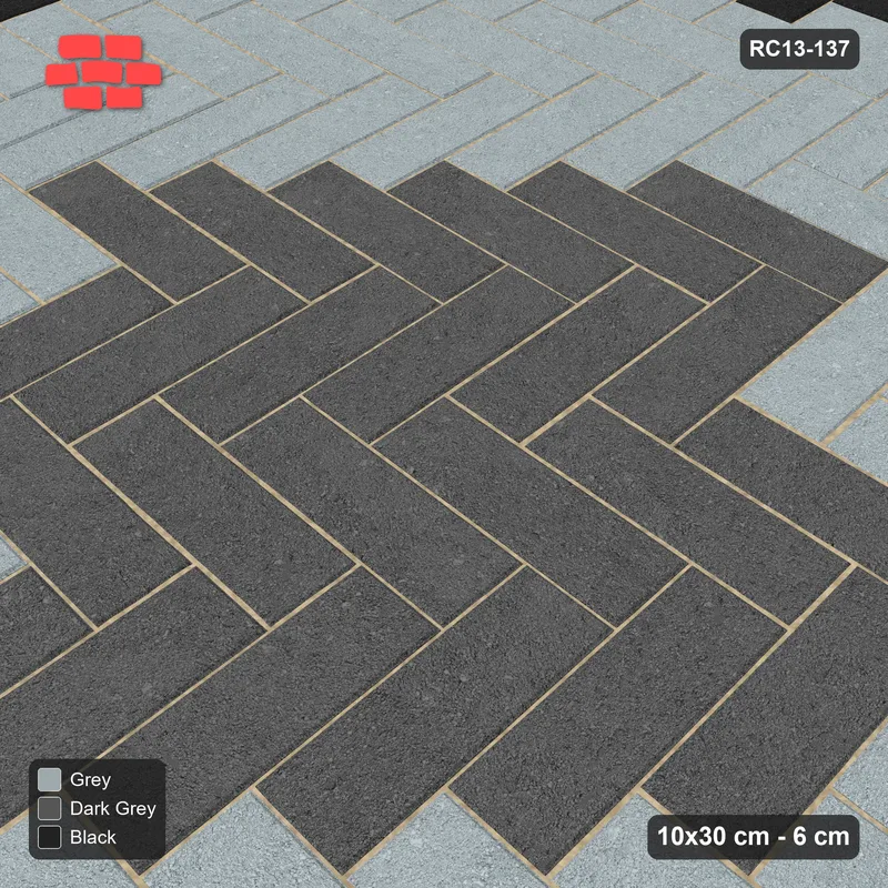 Interlock (Pasco) 10x30 cm · RC13-137 · Herringbone 90 accent edge and diamond r60 with Kerb 54H frame · Side view