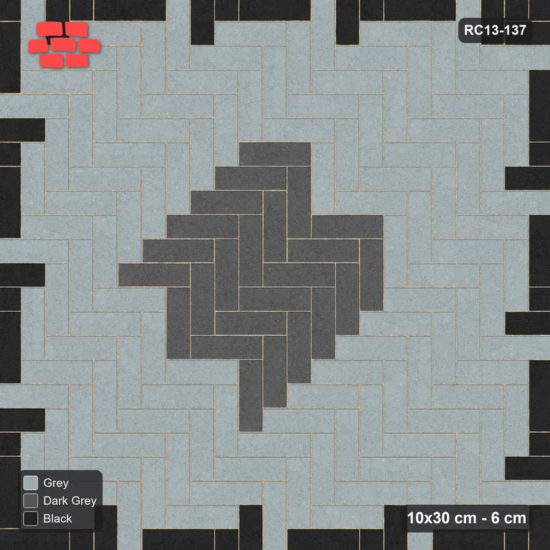 Interlock (Pasco) 10x30 cm · RC13-137 · Herringbone 90 accent edge and diamond r60 with Kerb 54H frame · Top view