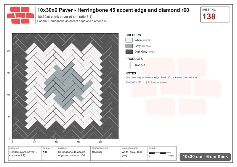 Interlock (Pasco) 10x30 cm · RC13-138 · Herringbone 45 accent edge and diamond r60 · Laying plan Interlock (Pasco) 10x30 cm · RC13-138 · Herringbone 45 accent edge and diamond r60 · Laying plan