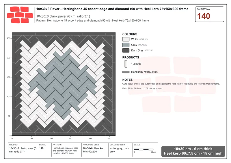 Interlock (Pasco) 10x30 cm · RC13-140 · Herringbone 45 accent edge and diamond r90 with Heel kerb 75x150x600 frame · Laying plan Interlock (Pasco) 10x30 cm · RC13-140 · Herringbone 45 accent edge and diamond r90 with Heel kerb 75x150x600 frame · Laying plan