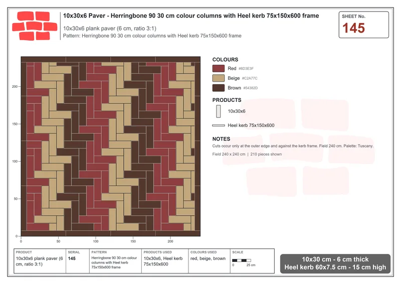 Interlock (Pasco) 10x30 cm · RC13-145 · Herringbone 90 30 cm colour columns with Heel kerb 75x150x600 frame · Laying plan Interlock (Pasco) 10x30 cm · RC13-145 · Herringbone 90 30 cm colour columns with Heel kerb 75x150x600 frame · Laying plan