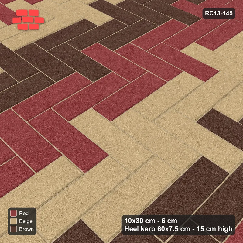 Interlock (Pasco) 10x30 cm · RC13-145 · Herringbone 90 30 cm colour columns with Heel kerb 75x150x600 frame · Side view
