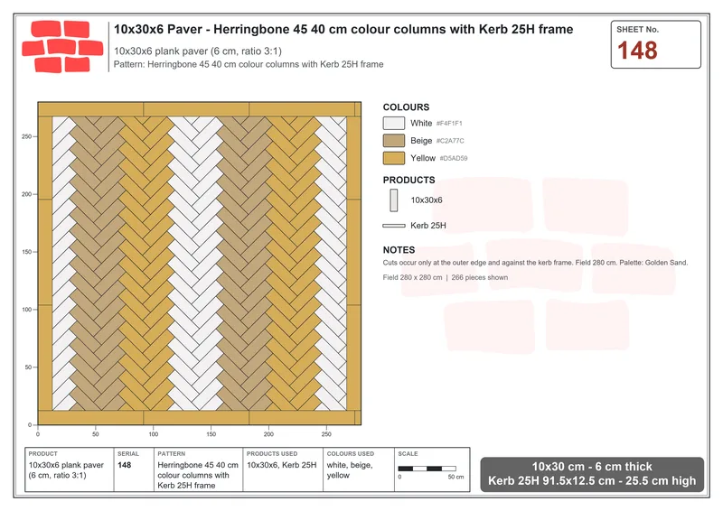 Interlock (Pasco) 10x30 cm · RC13-148 · Herringbone 45 40 cm colour columns with Kerb 25H frame · Laying plan Interlock (Pasco) 10x30 cm · RC13-148 · Herringbone 45 40 cm colour columns with Kerb 25H frame · Laying plan