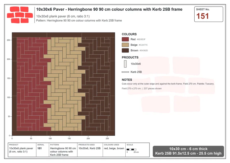 Interlock (Pasco) 10x30 cm · RC13-151 · Herringbone 90 90 cm colour columns with Kerb 25B frame · Laying plan Interlock (Pasco) 10x30 cm · RC13-151 · Herringbone 90 90 cm colour columns with Kerb 25B frame · Laying plan
