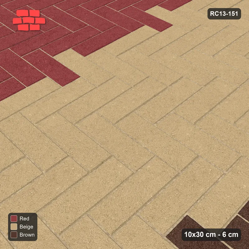 Interlock (Pasco) 10x30 cm · RC13-151 · Herringbone 90 90 cm colour columns with Kerb 25B frame · Side view
