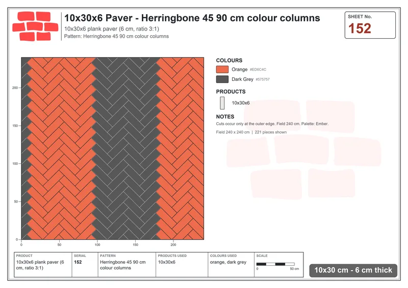Interlock (Pasco) 10x30 cm · RC13-152 · Herringbone 45 90 cm colour columns · Laying plan Interlock (Pasco) 10x30 cm · RC13-152 · Herringbone 45 90 cm colour columns · Laying plan