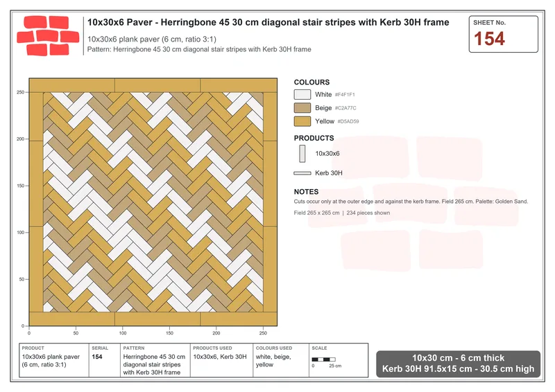 Interlock (Pasco) 10x30 cm · RC13-154 · Herringbone 45 30 cm diagonal stair stripes with Kerb 30H frame · Laying plan Interlock (Pasco) 10x30 cm · RC13-154 · Herringbone 45 30 cm diagonal stair stripes with Kerb 30H frame · Laying plan