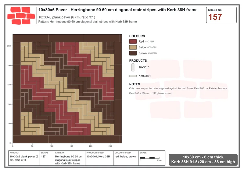 Interlock (Pasco) 10x30 cm · RC13-157 · Herringbone 90 60 cm diagonal stair stripes with Kerb 38H frame · Laying plan Interlock (Pasco) 10x30 cm · RC13-157 · Herringbone 90 60 cm diagonal stair stripes with Kerb 38H frame · Laying plan