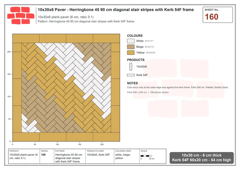 Interlock (Pasco) 10x30 cm · RC13-160 · Herringbone 45 90 cm diagonal stair stripes with Kerb 54F frame · Laying plan Interlock (Pasco) 10x30 cm · RC13-160 · Herringbone 45 90 cm diagonal stair stripes with Kerb 54F frame · Laying plan