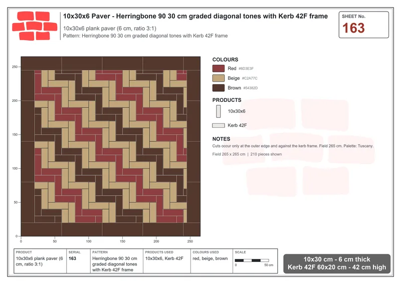 Interlock (Pasco) 10x30 cm · RC13-163 · Herringbone 90 30 cm graded diagonal tones with Kerb 42F frame · Laying plan Interlock (Pasco) 10x30 cm · RC13-163 · Herringbone 90 30 cm graded diagonal tones with Kerb 42F frame · Laying plan