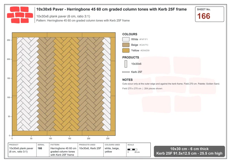 Interlock (Pasco) 10x30 cm · RC13-166 · Herringbone 45 60 cm graded column tones with Kerb 25F frame · Laying plan Interlock (Pasco) 10x30 cm · RC13-166 · Herringbone 45 60 cm graded column tones with Kerb 25F frame · Laying plan