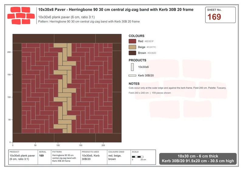 Interlock (Pasco) 10x30 cm · RC13-169 · Herringbone 90 30 cm central zig-zag band with Kerb 30B 20 frame · Laying plan Interlock (Pasco) 10x30 cm · RC13-169 · Herringbone 90 30 cm central zig-zag band with Kerb 30B 20 frame · Laying plan