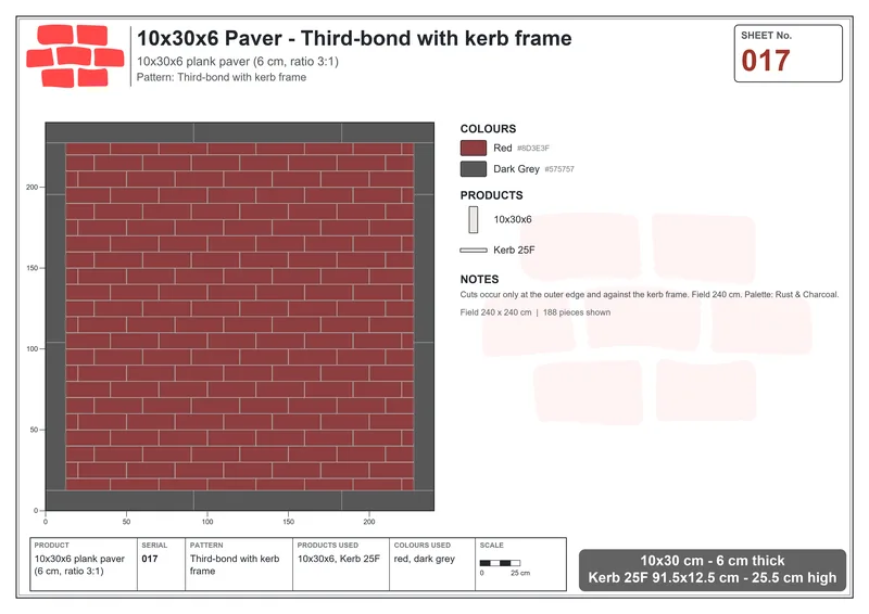 Interlock (Pasco) 10x30 cm · RC13-17 · Third-bond with kerb frame · Laying plan Interlock (Pasco) 10x30 cm · RC13-17 · Third-bond with kerb frame · Laying plan