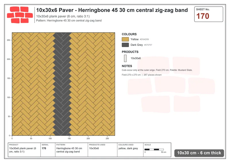 Interlock (Pasco) 10x30 cm · RC13-170 · Herringbone 45 30 cm central zig-zag band · Laying plan Interlock (Pasco) 10x30 cm · RC13-170 · Herringbone 45 30 cm central zig-zag band · Laying plan