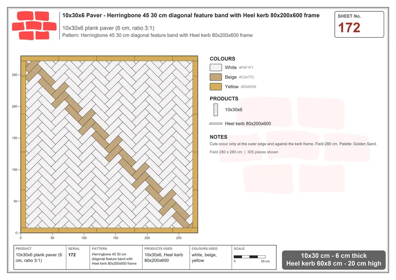Interlock (Pasco) 10x30 cm · RC13-172 · Herringbone 45 30 cm diagonal feature band with Heel kerb 80x200x600 frame · Laying plan Interlock (Pasco) 10x30 cm · RC13-172 · Herringbone 45 30 cm diagonal feature band with Heel kerb 80x200x600 frame · Laying plan