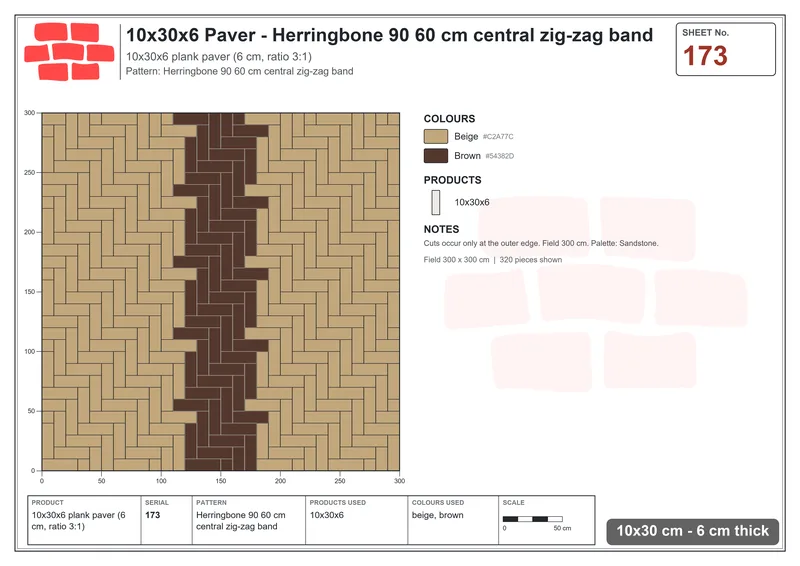 Interlock (Pasco) 10x30 cm · RC13-173 · Herringbone 90 60 cm central zig-zag band · Laying plan Interlock (Pasco) 10x30 cm · RC13-173 · Herringbone 90 60 cm central zig-zag band · Laying plan