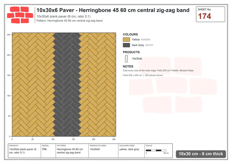 Interlock (Pasco) 10x30 cm · RC13-174 · Herringbone 45 60 cm central zig-zag band · Laying plan Interlock (Pasco) 10x30 cm · RC13-174 · Herringbone 45 60 cm central zig-zag band · Laying plan
