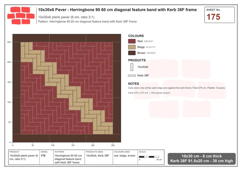 Interlock (Pasco) 10x30 cm · RC13-175 · Herringbone 90 60 cm diagonal feature band with Kerb 38F frame · Laying plan Interlock (Pasco) 10x30 cm · RC13-175 · Herringbone 90 60 cm diagonal feature band with Kerb 38F frame · Laying plan