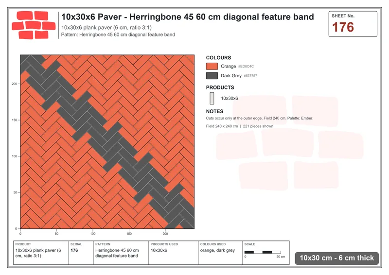 Interlock (Pasco) 10x30 cm · RC13-176 · Herringbone 45 60 cm diagonal feature band · Laying plan Interlock (Pasco) 10x30 cm · RC13-176 · Herringbone 45 60 cm diagonal feature band · Laying plan