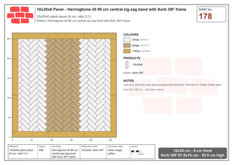 Interlock (Pasco) 10x30 cm · RC13-178 · Herringbone 45 90 cm central zig-zag band with Kerb 30F frame · Laying plan Interlock (Pasco) 10x30 cm · RC13-178 · Herringbone 45 90 cm central zig-zag band with Kerb 30F frame · Laying plan