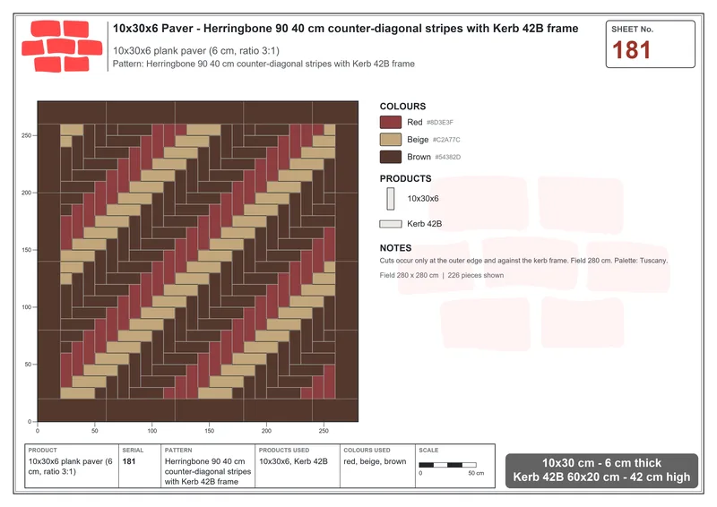 Interlock (Pasco) 10x30 cm · RC13-181 · Herringbone 90 40 cm counter-diagonal stripes with Kerb 42B frame · Laying plan Interlock (Pasco) 10x30 cm · RC13-181 · Herringbone 90 40 cm counter-diagonal stripes with Kerb 42B frame · Laying plan