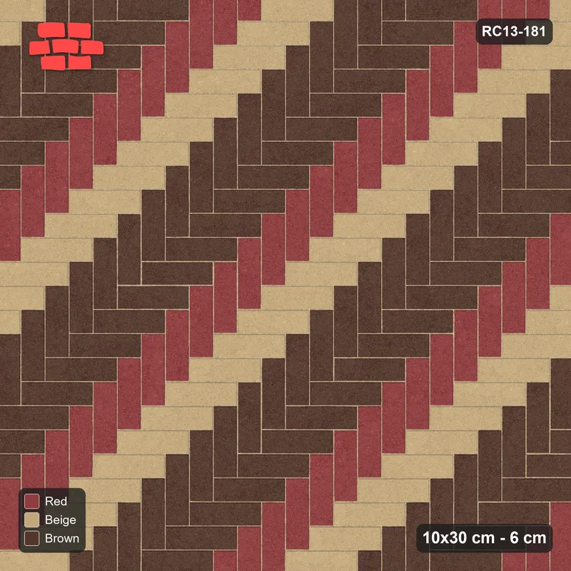 Interlock (Pasco) 10x30 cm · RC13-181 · Herringbone 90 40 cm counter-diagonal stripes with Kerb 42B frame · Top view