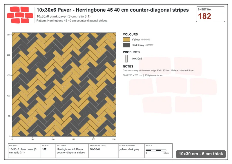 Interlock (Pasco) 10x30 cm · RC13-182 · Herringbone 45 40 cm counter-diagonal stripes · Laying plan Interlock (Pasco) 10x30 cm · RC13-182 · Herringbone 45 40 cm counter-diagonal stripes · Laying plan