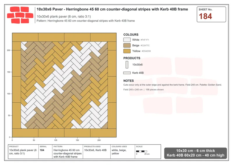 Interlock (Pasco) 10x30 cm · RC13-184 · Herringbone 45 60 cm counter-diagonal stripes with Kerb 40B frame · Laying plan Interlock (Pasco) 10x30 cm · RC13-184 · Herringbone 45 60 cm counter-diagonal stripes with Kerb 40B frame · Laying plan