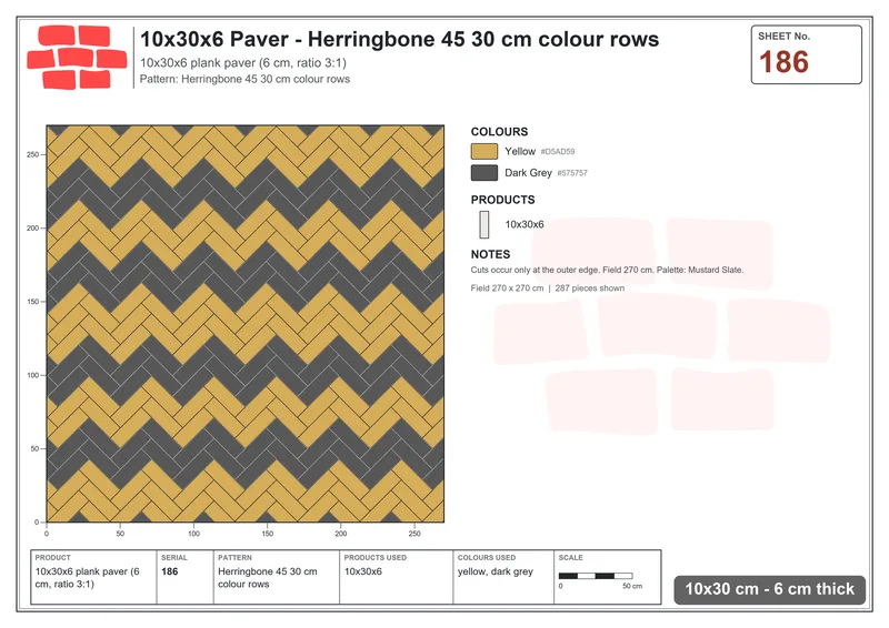 Interlock (Pasco) 10x30 cm · RC13-186 · Herringbone 45 30 cm colour rows · Laying plan Interlock (Pasco) 10x30 cm · RC13-186 · Herringbone 45 30 cm colour rows · Laying plan