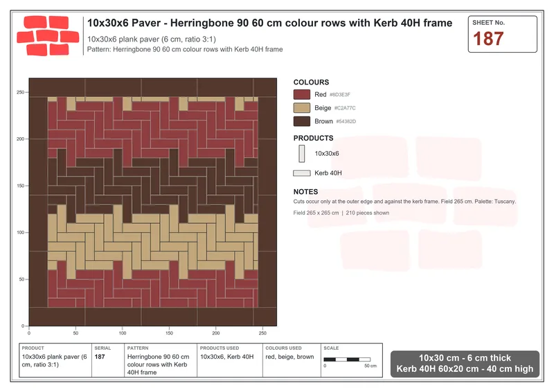 Interlock (Pasco) 10x30 cm · RC13-187 · Herringbone 90 60 cm colour rows with Kerb 40H frame · Laying plan Interlock (Pasco) 10x30 cm · RC13-187 · Herringbone 90 60 cm colour rows with Kerb 40H frame · Laying plan
