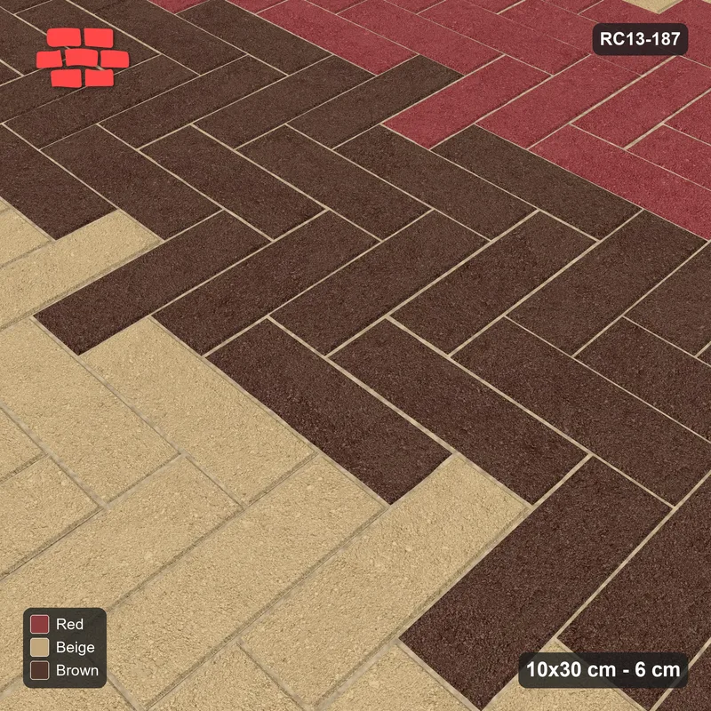Interlock (Pasco) 10x30 cm · RC13-187 · Herringbone 90 60 cm colour rows with Kerb 40H frame · Side view