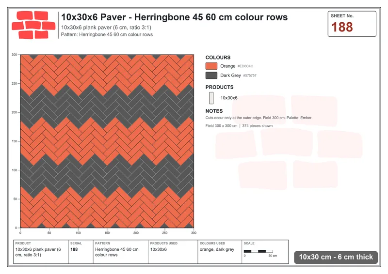 Interlock (Pasco) 10x30 cm · RC13-188 · Herringbone 45 60 cm colour rows · Laying plan Interlock (Pasco) 10x30 cm · RC13-188 · Herringbone 45 60 cm colour rows · Laying plan