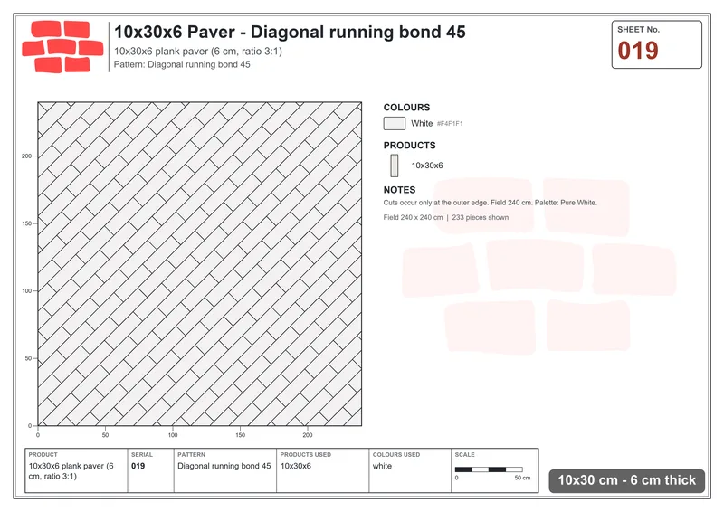 Interlock (Pasco) 10x30 cm · RC13-19 · Diagonal running bond 45 · Laying plan Interlock (Pasco) 10x30 cm · RC13-19 · Diagonal running bond 45 · Laying plan