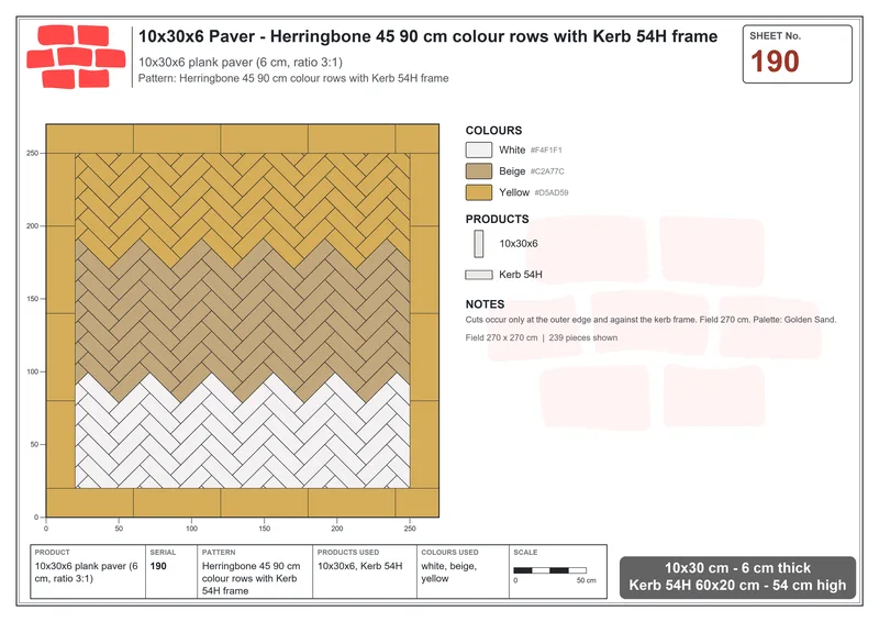 Interlock (Pasco) 10x30 cm · RC13-190 · Herringbone 45 90 cm colour rows with Kerb 54H frame · Laying plan Interlock (Pasco) 10x30 cm · RC13-190 · Herringbone 45 90 cm colour rows with Kerb 54H frame · Laying plan