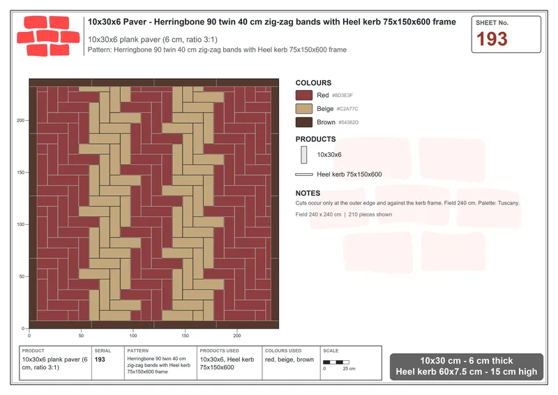 Interlock (Pasco) 10x30 cm · RC13-193 · Herringbone 90 twin 40 cm zig-zag bands with Heel kerb 75x150x600 frame · Laying plan Interlock (Pasco) 10x30 cm · RC13-193 · Herringbone 90 twin 40 cm zig-zag bands with Heel kerb 75x150x600 frame · Laying plan
