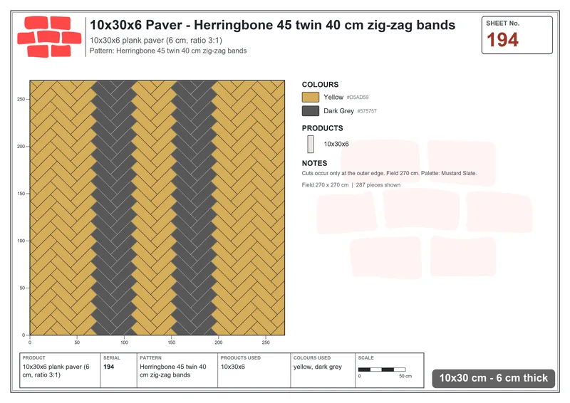 Interlock (Pasco) 10x30 cm · RC13-194 · Herringbone 45 twin 40 cm zig-zag bands · Laying plan Interlock (Pasco) 10x30 cm · RC13-194 · Herringbone 45 twin 40 cm zig-zag bands · Laying plan