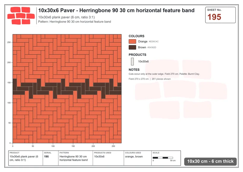 Interlock (Pasco) 10x30 cm · RC13-195 · Herringbone 90 30 cm horizontal feature band · Laying plan Interlock (Pasco) 10x30 cm · RC13-195 · Herringbone 90 30 cm horizontal feature band · Laying plan