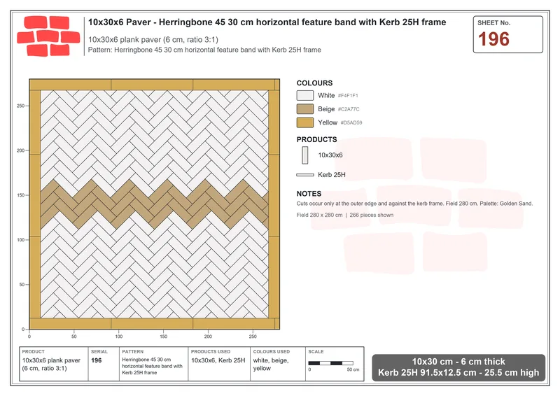Interlock (Pasco) 10x30 cm · RC13-196 · Herringbone 45 30 cm horizontal feature band with Kerb 25H frame · Laying plan Interlock (Pasco) 10x30 cm · RC13-196 · Herringbone 45 30 cm horizontal feature band with Kerb 25H frame · Laying plan