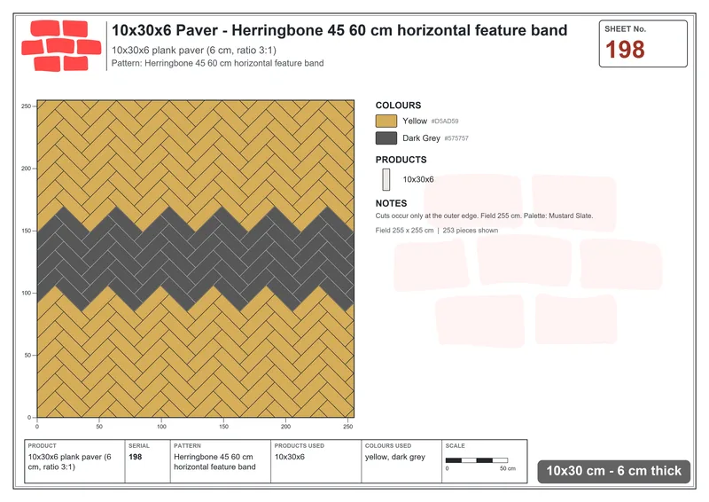 Interlock (Pasco) 10x30 cm · RC13-198 · Herringbone 45 60 cm horizontal feature band · Laying plan Interlock (Pasco) 10x30 cm · RC13-198 · Herringbone 45 60 cm horizontal feature band · Laying plan