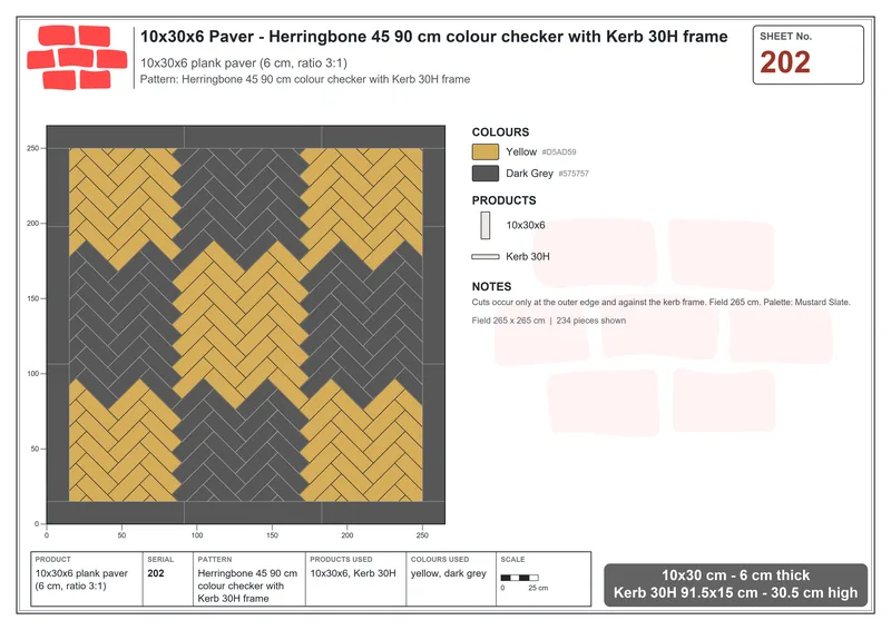 Interlock (Pasco) 10x30 cm · RC13-202 · Herringbone 45 90 cm colour checker with Kerb 30H frame · Laying plan Interlock (Pasco) 10x30 cm · RC13-202 · Herringbone 45 90 cm colour checker with Kerb 30H frame · Laying plan