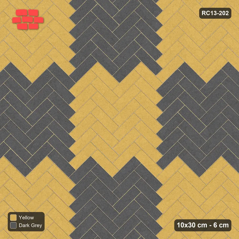 Interlock (Pasco) 10x30 cm · RC13-202 · Herringbone 45 90 cm colour checker with Kerb 30H frame · Top view