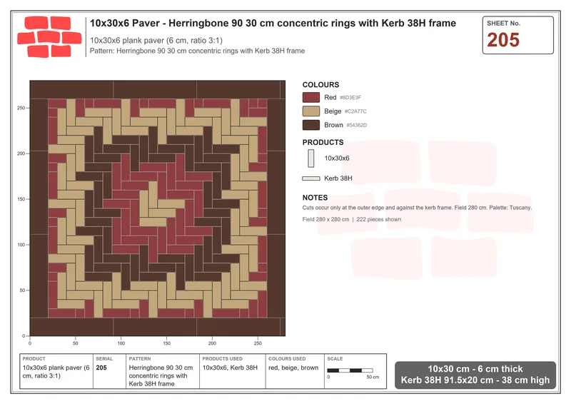 Interlock (Pasco) 10x30 cm · RC13-205 · Herringbone 90 30 cm concentric rings with Kerb 38H frame · Laying plan Interlock (Pasco) 10x30 cm · RC13-205 · Herringbone 90 30 cm concentric rings with Kerb 38H frame · Laying plan