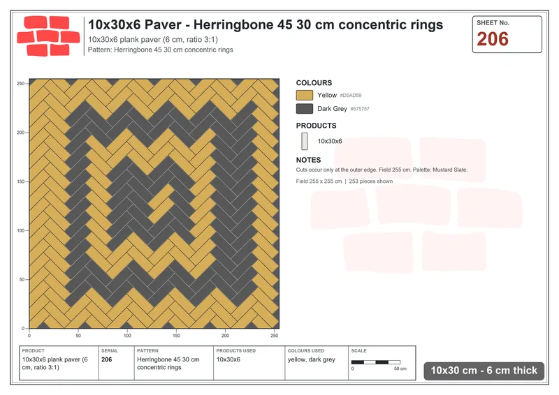 Interlock (Pasco) 10x30 cm · RC13-206 · Herringbone 45 30 cm concentric rings · Laying plan Interlock (Pasco) 10x30 cm · RC13-206 · Herringbone 45 30 cm concentric rings · Laying plan