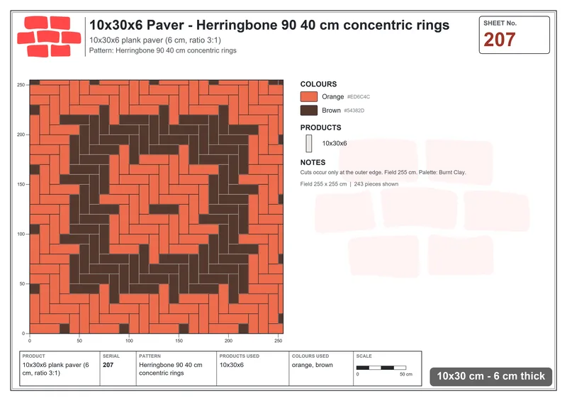 Interlock (Pasco) 10x30 cm · RC13-207 · Herringbone 90 40 cm concentric rings · Laying plan Interlock (Pasco) 10x30 cm · RC13-207 · Herringbone 90 40 cm concentric rings · Laying plan