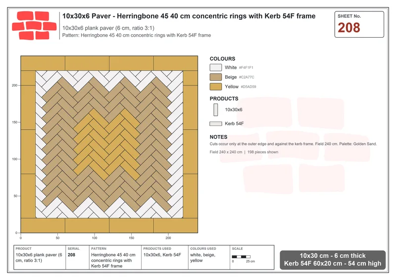 Interlock (Pasco) 10x30 cm · RC13-208 · Herringbone 45 40 cm concentric rings with Kerb 54F frame · Laying plan Interlock (Pasco) 10x30 cm · RC13-208 · Herringbone 45 40 cm concentric rings with Kerb 54F frame · Laying plan