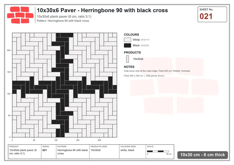 Interlock (Pasco) 10x30 cm · RC13-21 · Herringbone 90 with black cross · Laying plan Interlock (Pasco) 10x30 cm · RC13-21 · Herringbone 90 with black cross · Laying plan