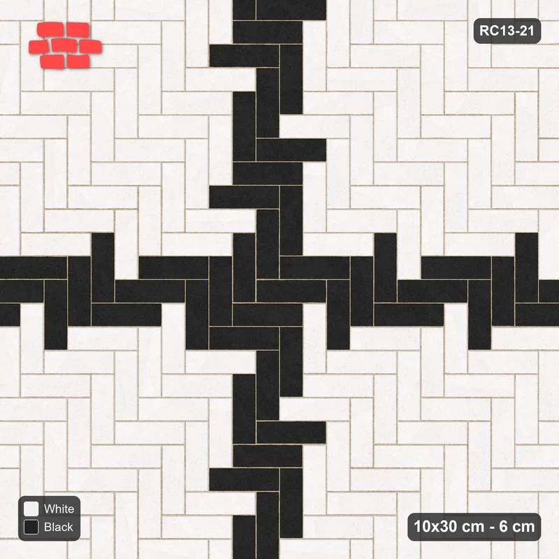 Interlock (Pasco) 10x30 cm · RC13-21 · Herringbone 90 with black cross · Top view