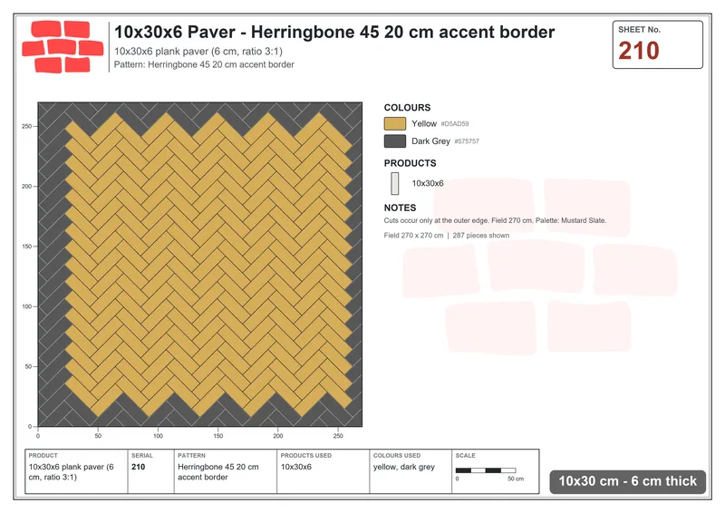 Interlock (Pasco) 10x30 cm · RC13-210 · Herringbone 45 20 cm accent border · Laying plan Interlock (Pasco) 10x30 cm · RC13-210 · Herringbone 45 20 cm accent border · Laying plan