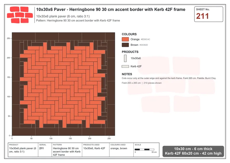 Interlock (Pasco) 10x30 cm · RC13-211 · Herringbone 90 30 cm accent border with Kerb 42F frame · Laying plan Interlock (Pasco) 10x30 cm · RC13-211 · Herringbone 90 30 cm accent border with Kerb 42F frame · Laying plan