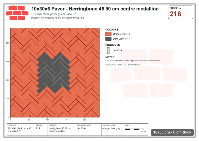 Interlock (Pasco) 10x30 cm · RC13-216 · Herringbone 45 90 cm centre medallion · Laying plan Interlock (Pasco) 10x30 cm · RC13-216 · Herringbone 45 90 cm centre medallion · Laying plan